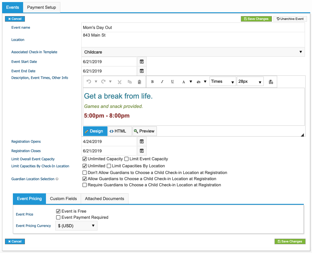 Create an event from the Events tab.