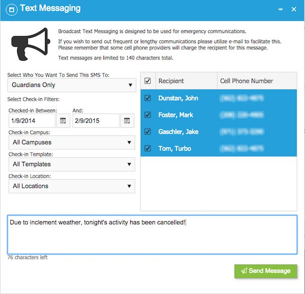 Composing and sending a broadcast text message.