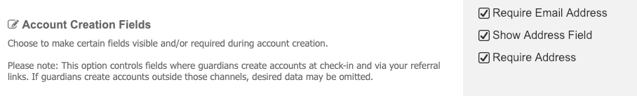 Customer-controlled account creation fields in Settings.
