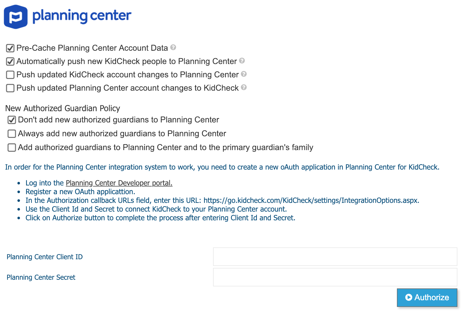 Planning Center integration settings