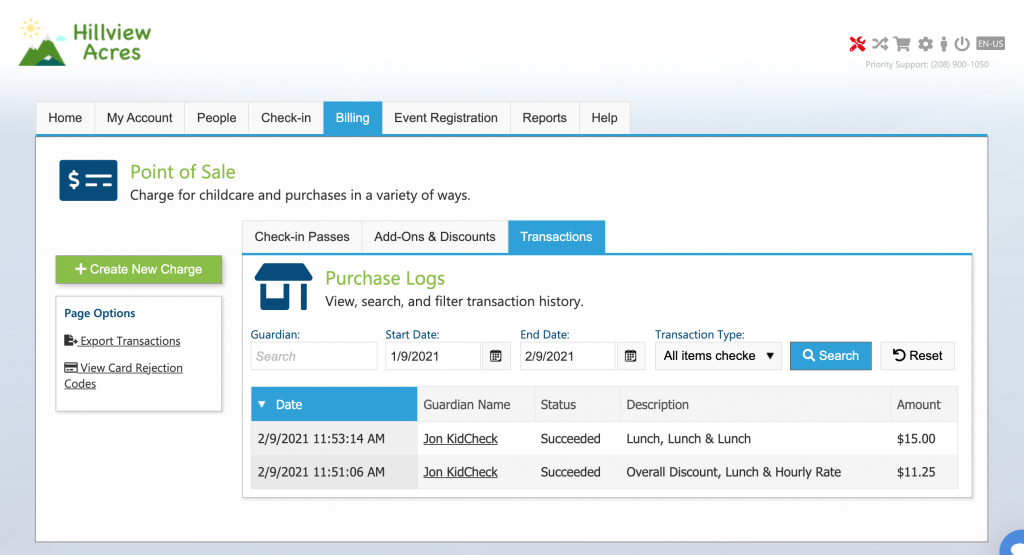 Transactions tab