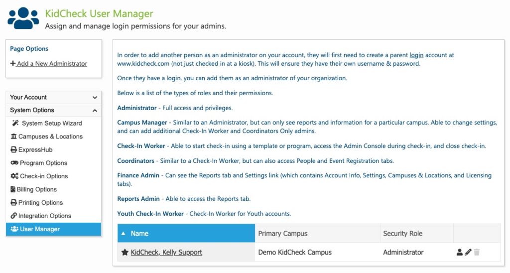 Adding/Removing an Administrator - KidCheck