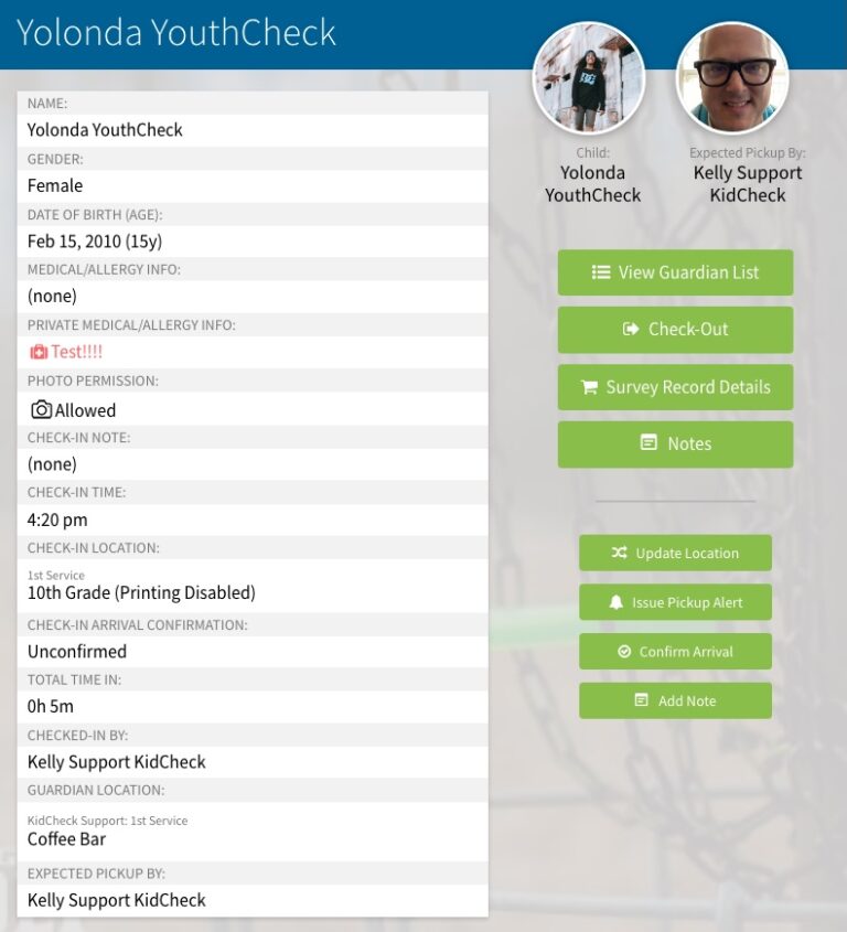 Quickly view a child’s important details. You can also perform various actions such as view authorized guardians, checking a child out, or updating his location.